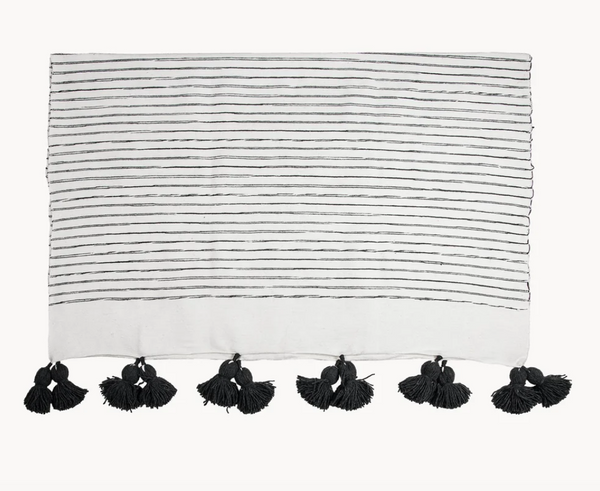 Monochrome Striped Moroccan Pom Pom Blanket - Sketched Charcoal