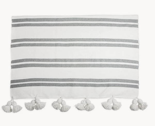 Monochrome Striped Moroccan Pom Pom Blanket - Racer White